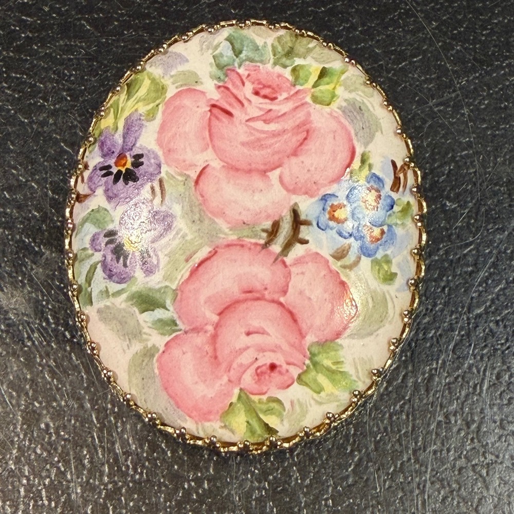 Vintage Hand Painted Porcelain Floral Oval Brooch Pink Roses Gold Tone Frame